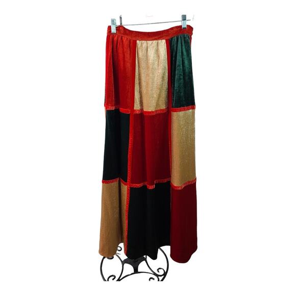 Mountain Artisans Red Gold Green Velvet Lined Patchwork Vintage Maxi Skirt 8 - Picture 1 of 4